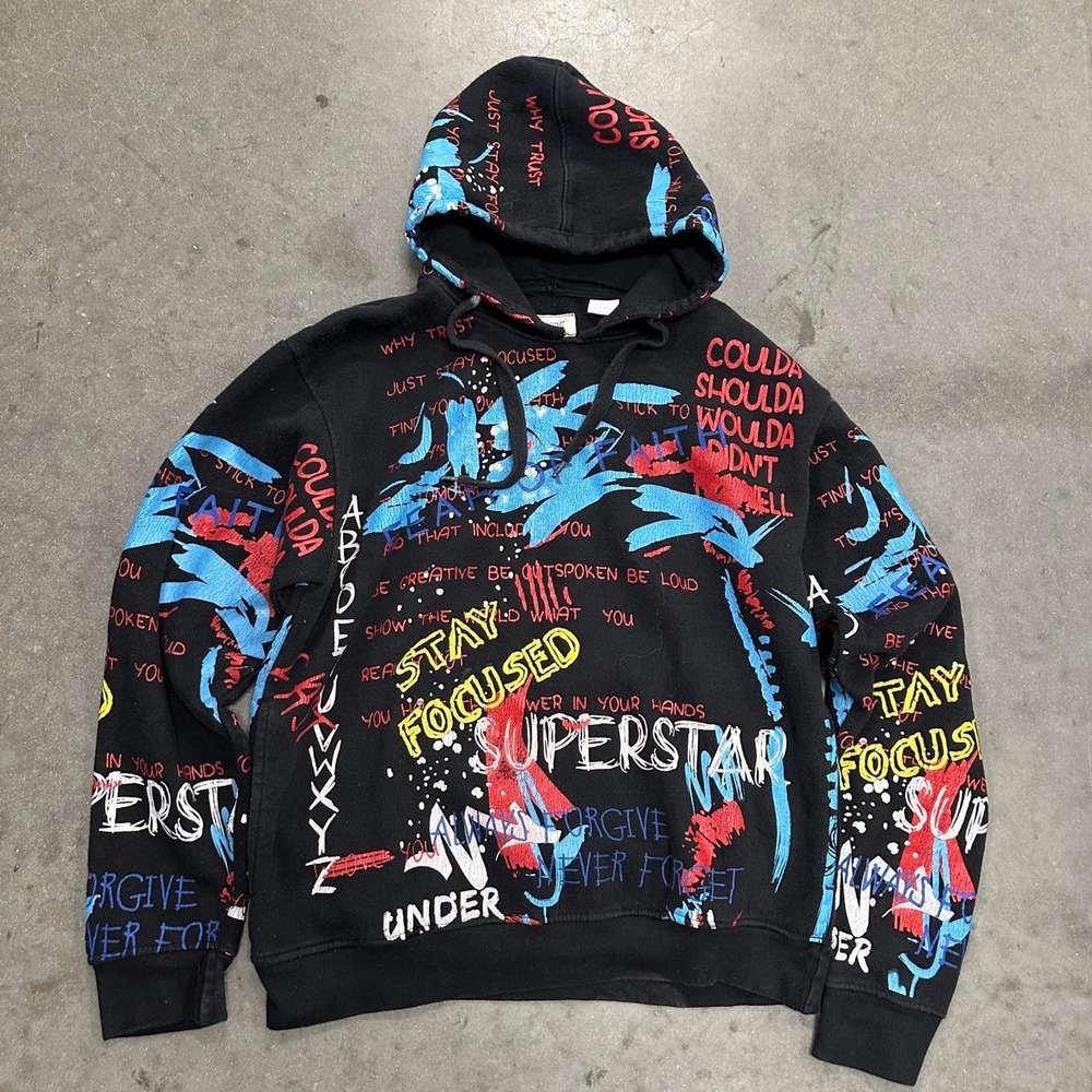 FWRD Denim Black All Over Print graffiti-style Graphic Hoodie Size Large